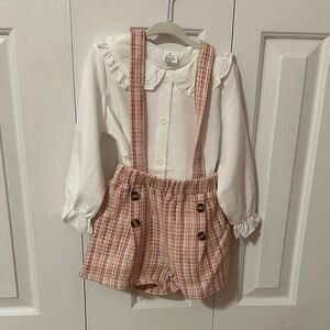 White Blouse with Pink Plaid Suspender Shorts